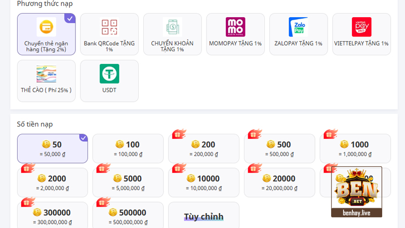 Người chơi dễ dàng nạp tiền với nhiều mức nạp khác nhau